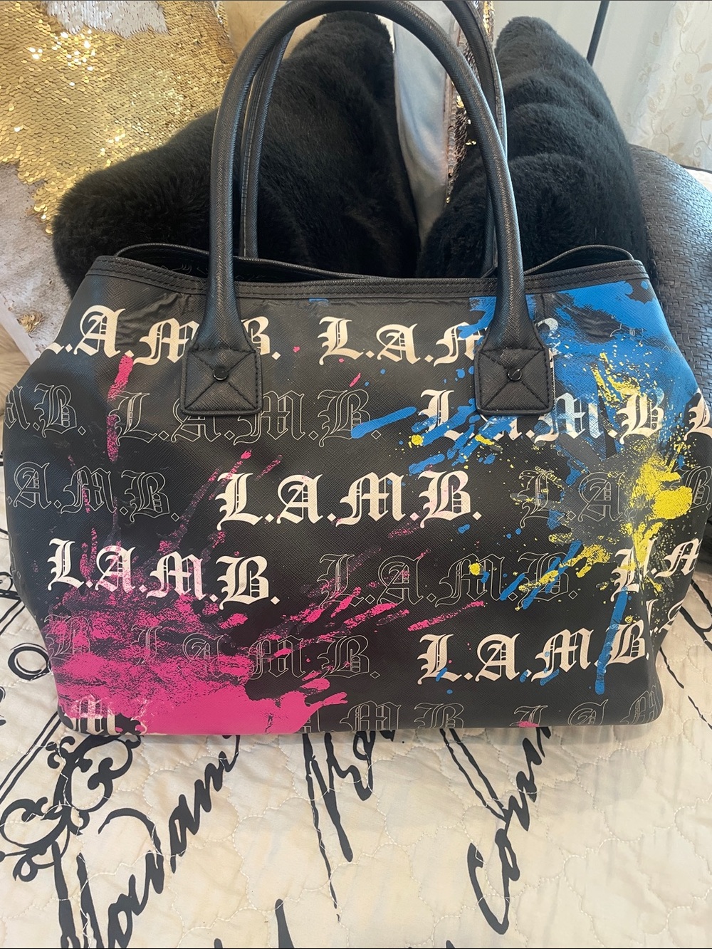 L.A.M.B. Gweb Stephanie Black paint splatter large tote bag